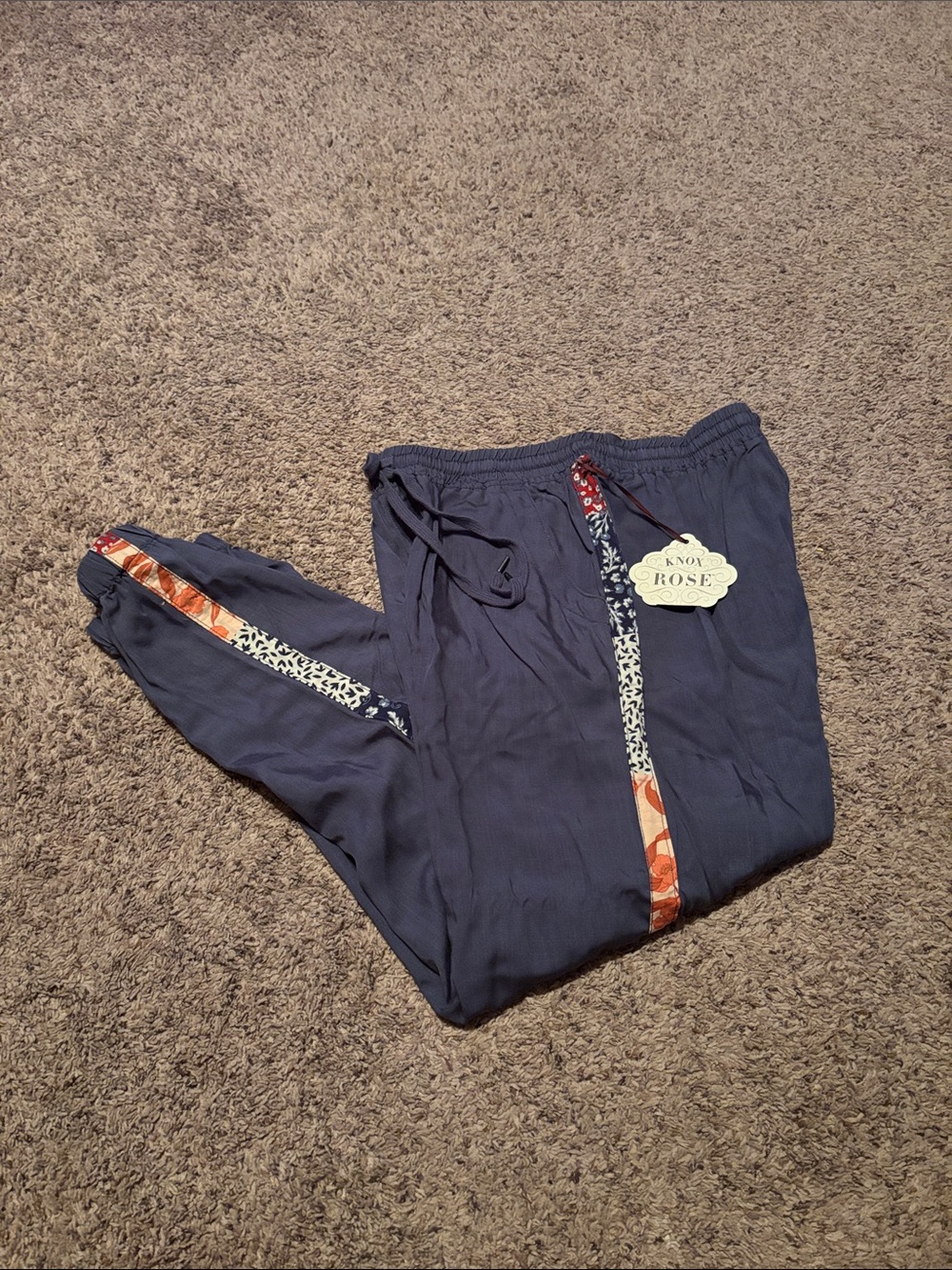 Knox Rose Navy Jogger Pants with Patterned Trim M